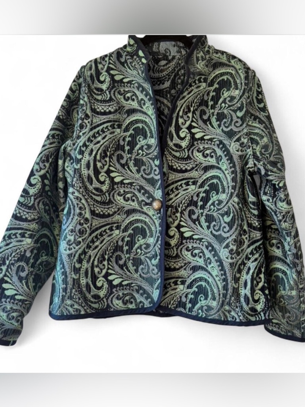 Women's Paisley Quilted Artisan Jacket - Navy & Mint - Picture 3 of 8